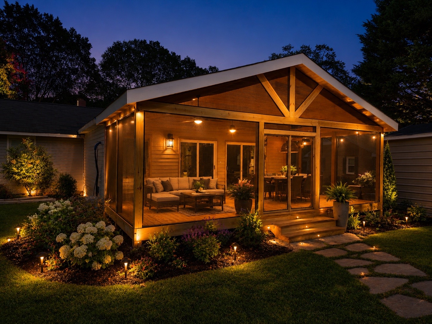 Porch and sun room project at night